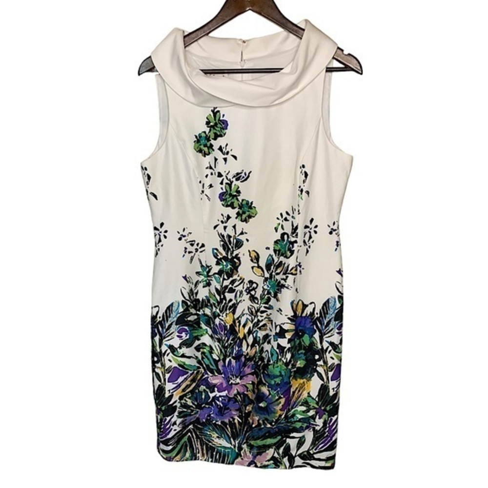Kelly & Diane Dress Size 12 Sleeveless Roll Neck White w/ Multi Colored Flowers